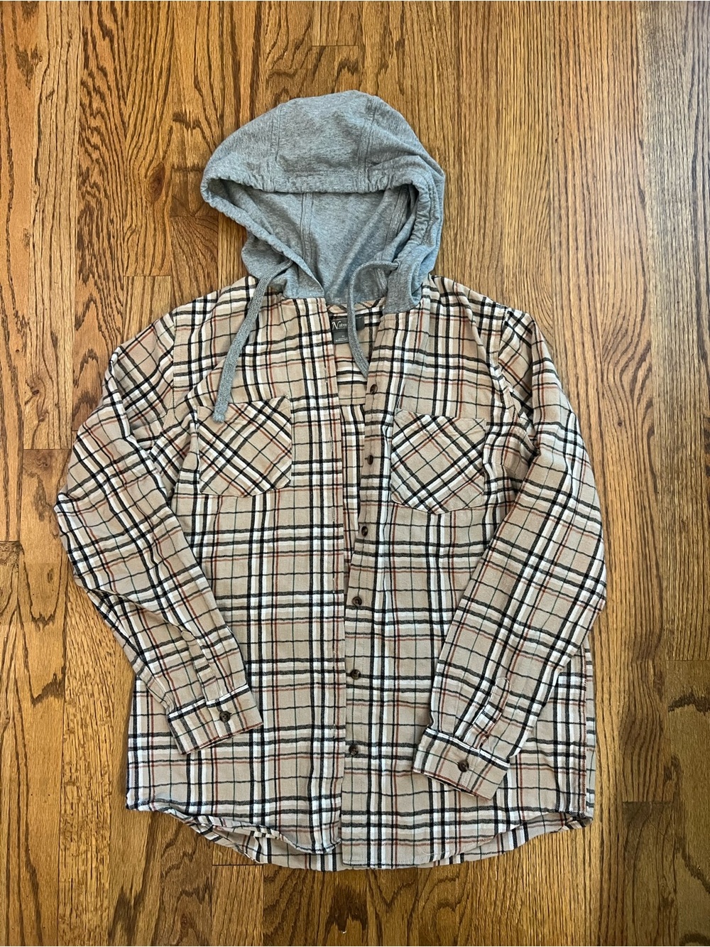 Women’s  Hooded Plaid Button-Up Shirt - Beige/Gray